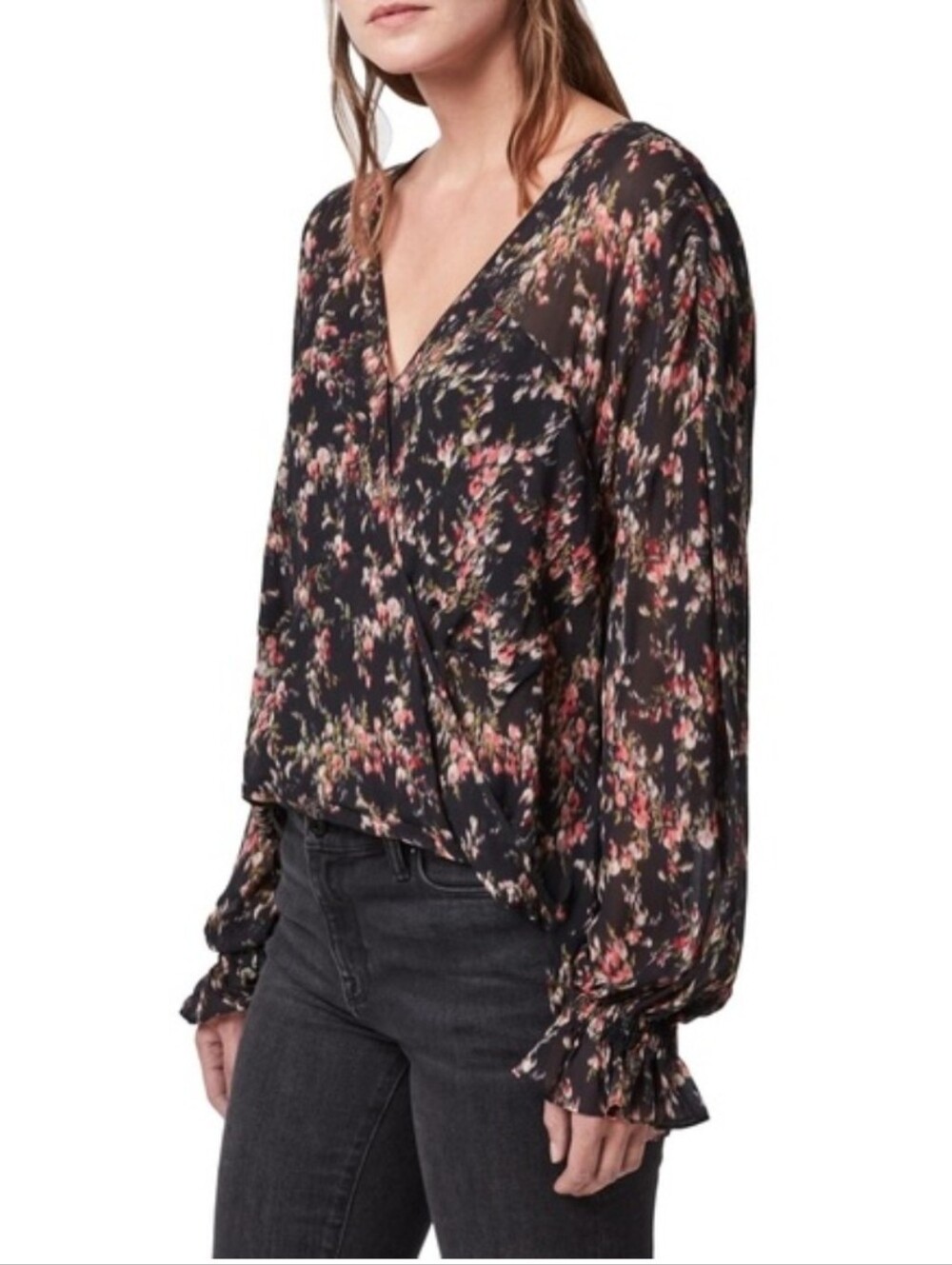ALL SAINTS Penny Skit Wrap Blouse Blurred Florals Long Semi Sheer Sz Large